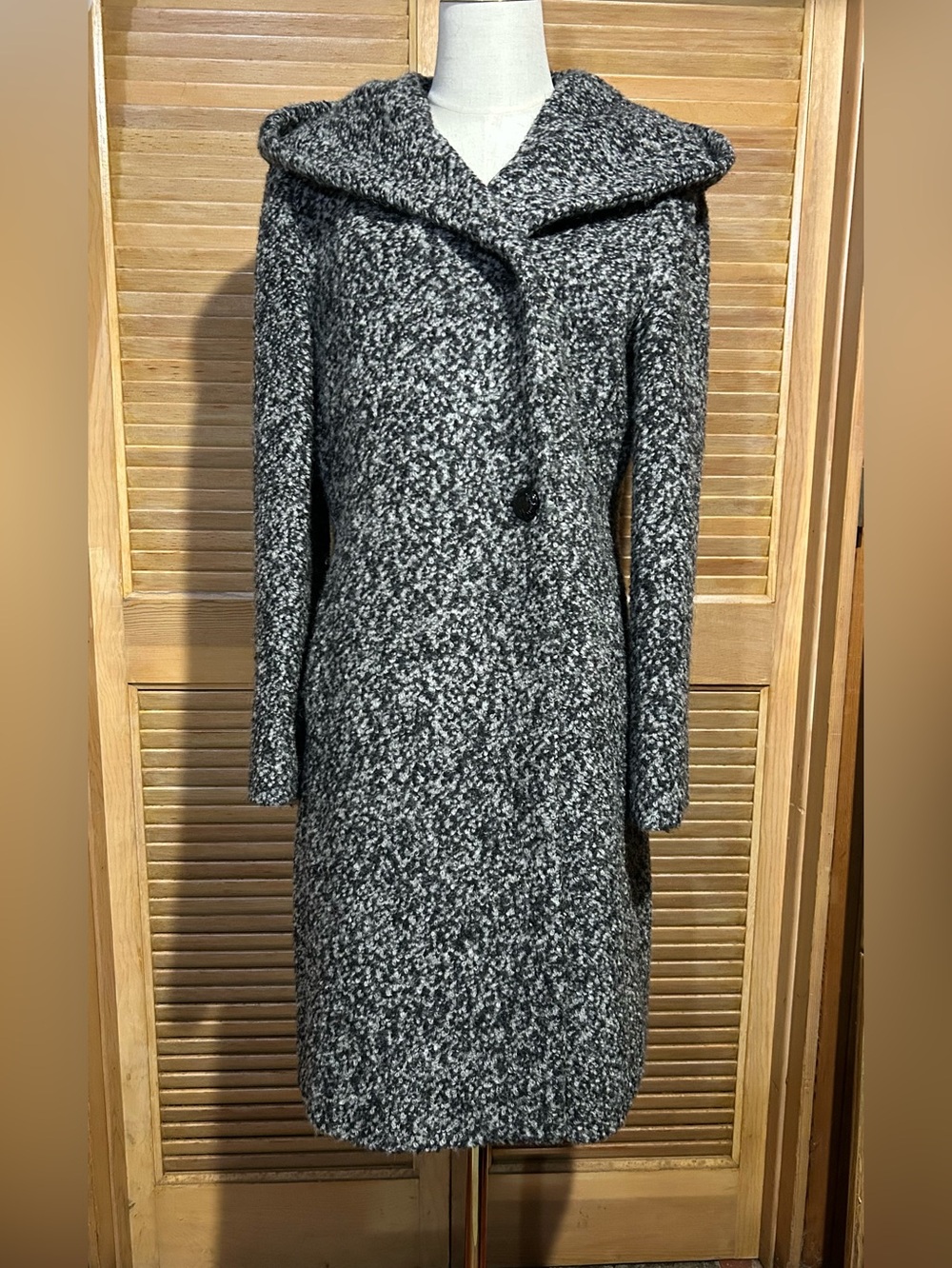 Calvin Klein Black & White Wool Blend Bouclé Hooded Coat Size 6